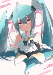 1girl 39 ahoge aqua_eyes aqua_hair bare_shoulders character_name closed_mouth commentary cropped_torso detached_sleeves flower hair_flower hair_ornament hatsune_miku head_tilt highres long_hair looking_at_viewer mashiron_(mashiron8) miku_day smile solo twintails vocaloid white_flower
