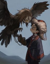1boy 1girl artist_name bird black_gloves black_hair brown_feathers brown_gloves brown_hair cowboy_shot day earrings eye_contact falconry falconry_glove feathers from_side fur_hat fur_trim gloves grey_jacket harpy hat human_head ishida_umi jacket jewelry long_sleeves looking_at_another medium_hair messy_hair monster_girl mountainous_horizon open_mouth original outdoors profile red_headwear single_glove sleeves_past_fingers sleeves_past_wrists smile spread_wings standing watermark yellow_eyes