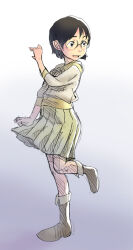 1girl black_eyes black_hair boots dennou_coil glasses green_skirt honzawa_yuuichirou okonogi_yuuko open_mouth school_uniform simple_background skirt smile solo standing standing_on_one_leg