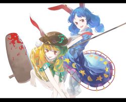 2girls ambiguous_red_liquid animal_ears bare_legs barefoot blonde_hair blue_dress blue_hair blush_stickers brown_headwear cabbie_hat crescent_print dress earclip flat_cap hat highres holding kine letterboxed long_hair mallet moon_print multiple_girls o_(crazyoton46) open_mouth orange_shirt orange_shorts puffy_short_sleeves puffy_sleeves rabbit_ears red_eyes ringo_(touhou) seiran_(touhou) shirt short_hair short_sleeves shorts smile star_(symbol) star_print tongue tongue_out touhou