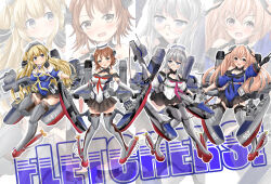 Rule 34 | 4girls, adapted turret, ahoge, asymmetrical sidelocks, black gloves, black neckerchief, black sailor collar, black skirt, blonde hair, blue eyes, blue shirt, breasts, brown eyes, brown gloves, brown hair, cleavage, dixie cup hat, double bun, elbow gloves, fletcher (kancolle), fletcher mk ii (kancolle), flipped hair, folded hair, glasses, gloves, grey hair, hair bun, hair ornament, hat, heywood l. edwards (kancolle), highres, johnston (kancolle), kantai collection, large breasts, long hair, long sleeves, medium breasts, military hat, miniskirt, multiple girls, neckerchief, off-shoulder shirt, off shoulder, open mouth, pink neckerchief, pleated skirt, purple eyes, red neckerchief, richard p. leary (kancolle), rigging, sailor collar, school uniform, senon, serafuku, shirt, short hair, single glove, skirt, star (symbol), star hair ornament, thighhighs, two side up, very long hair, white gloves, white hat, white sailor collar, yellow neckerchief