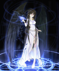 1girl barefoot beek bird black_hair black_wings dress feet female_focus half_updo highres long_hair lots_of_jewelry mabinogi magic_circle morrighan solo toes very_long_hair white_eyes wings