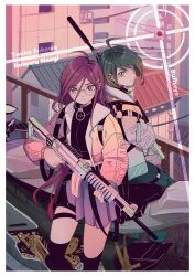 2girls ahoge alternate_costume back-to-back black_shirt border building character_name closed_mouth danganronpa_(series) danganronpa_another_episode:_ultra_despair_girls ear_piercing english_text eyelashes fukawa_toko glasses green_eyes green_hair gun highres holding holding_gun holding_weapon jacket long_hair multiple_girls naegi_komaru non-web_source open_clothes open_jacket overine19 piercing purple_hair railing round_eyewear shirt short_hair skirt smile weapon white_border