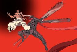 2boys abs arm_blade arm_tattoo armor battle black_horns blank_eyes chainsaw chainsaw_devil chainsaw_man chest_tattoo clenched_teeth demon demon_horns domain_expansion extra_arms extra_eyes facial_tattoo full_body highres horns jujutsu_kaisen jumping kanknive midair monster mudra multiple_boys muscular muscular_male no_eyes open_mouth outstretched_arms pants pink_hair pochita_(chainsaw_man) red_background red_scarf ryoumen_sukuna_(jujutsu_kaisen) ryoumen_sukuna_(true_form)_(jujutsu_kaisen) scarf serratus_anterior sharp_teeth short_hair shoulder_tattoo smile spiked_armor spread_arms stomach_mouth tattoo teeth tongue tongue_out weapon white_eyes white_pants