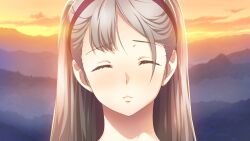 1girl blush close-up closed_eyes cloud facing_viewer fukuda_tomonori game_cg hairband highres hill imminent_kiss light_blush long_hair mountainous_horizon non-web_source official_art portrait red_hairband robotics;notes robotics;notes_dash sky smile solo sunset yukifune_airi