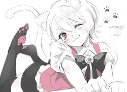 Rule 34 | 1boy, :3, absurdres, alois trancy, black bow, black bowtie, black shorts, black thighhighs, bow, bowtie, cat boy, cat tail, closed mouth, collared shirt, highres, kuroshitsuji, limited palette, looking at viewer, lying, male focus, monochrome, no shoes, on stomach, one eye closed, paw print, pawpads, pink eyes, pink vest, puffy short sleeves, puffy sleeves, shirt, short hair, short sleeves, shorts, sketch, smile, solo, tail, the pose, thighhighs, twitter username, v-shaped eyebrows, vest, wormy owo