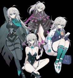 1girl absurdres ahoge alternate_costume animal_ears aqua_cape aqua_eyes bag black_bodysuit black_gloves black_survival bodysuit bread breasts cape cellphone chozgum eating eternal_return:_black_survival fake_animal_ears food food_in_mouth food_on_face gloves grey_hair hair_between_eyes hair_flaps highres holding katja_(black_survival) large_breasts leotard looking_at_viewer multiple_views outline phone playboy_bunny sidelocks thighs
