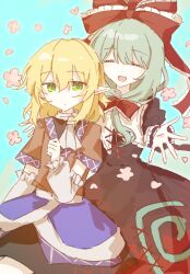 2girls arm_ribbon arm_warmers bow brown_shirt dress front_ponytail green_eyes green_hair highres kagiyama_hina mizuhashi_parsee multiple_girls pointy_ears red_bow red_dress red_ribbon ribbon shirt smile touhou wusem0108