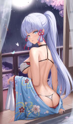 1girl absurdres arayuki_(sakurafubuki) ass ayaka_(genshin_impact) back bikini blue_butterfly blue_eyes blue_kimono blunt_bangs blunt_tresses breasts bug butterfly clothes_down commentary_request fingernails from_behind genshin_impact highres insect japanese_clothes kimono long_hair looking_at_viewer looking_back median_furrow medium_breasts mole mole_under_eye nail_polish night night_sky paid_reward_available parted_lips pink_nails ponytail sitting sky solo swimsuit very_long_hair wet white_bikini