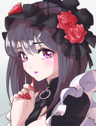 Rule 34 | 1girl, arakan, black dress, black hair, commentary request, dress, expressionless, fingernails, gothic lolita, hairband, highres, kuroe shizuku, lolita fashion, lolita hairband, long fingernails, looking at viewer, own hands together, purple eyes, red nails, solo, sono bisque doll wa koi wo suru, upper body