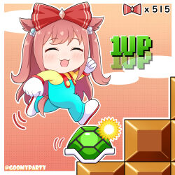 1girl 1up :d ^_^ absurdres agnes_digital_(umamusume) animal_ears block_(mario) blush bow brown_hair closed_eyes commentary_request facing_viewer gameplay_mechanics gloves goom_(goomyparty) green_shell_(mario) hair_bow highres horse_ears horse_girl horse_tail infinite_1up long_hair mario_(series) motion_lines nintendo open_mouth overalls red_bow shirt shoes smile solo super_mario_bros._1 tail twitter_username umamusume very_long_hair white_gloves white_shoes yellow_shirt