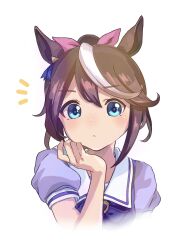 Rule 34 | 1girl, absurdres, animal ears, blue eyes, bow, brown hair, closed mouth, commentary request, cropped torso, hair between eyes, hair ribbon, highres, horse ears, long hair, looking at viewer, moko39 takasora, multicolored hair, notice lines, pink ribbon, ponytail, puffy short sleeves, puffy sleeves, purple bow, purple shirt, ribbon, school uniform, shirt, short sleeves, simple background, solo, streaked hair, tokai teio (umamusume), tracen school uniform, umamusume, white background, white hair