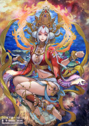1girl anklet barefoot barefoot_sandals_(jewelry) bracelet cuffs fantasy feet halo headdress hindu_mythology hinduism jewelry midriff navel necklace official_art original robe sitting tenka_touitsu_chronicle toeless_legwear white_hair xiaji