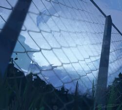 Rule 34 | artist name, blurry, cloud, cloudy sky, day, depth of field, fence, forest, full body, grass, iron fence, landscape, nature, original, outdoors, painterly, pov, scenery, signature, sky, tree, zandra