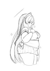 1girl alternate_body_size belly blue_archive blush bow breasts cowlick fat from_side greyscale hanako_(blue_archive) hand_on_own_chest highres long_hair looking_down medium_breasts midriff monochrome navel pleated_skirt simple_background skirt solo very_long_hair wawawaltz white_background