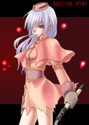 1girl acolyte_(ragnarok_online) alternate_color biretta breasts brown_shirt capelet character_name closed_mouth commentary_request cowboy_shot frown gloves grey_gloves grey_hair hair_over_one_eye haruhana1104 holding holding_mace holding_weapon long_hair long_sleeves looking_at_viewer mace pink_capelet pink_skirt ragnarok_online red_background red_eyes shirt skirt small_breasts solo torn_clothes torn_skirt weapon