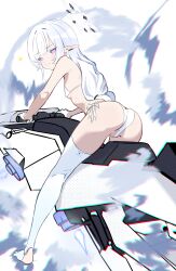 1girl absurdres argusrho_01 ass bikini black_halo blue_archive breasts closed_mouth gloves halo highres himari_(blue_archive) hover_bike long_hair looking_at_viewer looking_back partially_visible_vulva pointy_ears purple_eyes riding side-tie_bikini_bottom small_breasts smile solo sparkle swimsuit thighhighs white_bikini white_gloves white_hair white_halo white_thighhighs