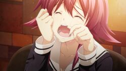 1girl black_dress blush breasts chaos;child chaos;child_love_chu_chu!! clenched_teeth collarbone colored_eyelashes crying dress facing_to_the_side from_below game_cg hair_between_eyes hekiho_academy hekiho_academy_uniform highres indoors light_particles long_sleeves non-web_source official_art onoe_serika open_mouth pink_hair sad sailor_collar sasaki_mutsumi school_uniform short_hair short_hair_with_long_locks sidelocks smile sobbing solo streaming_tears tears teeth tongue upper_teeth_only white_sailor_collar wiping_tears