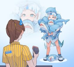 2girls animal_hood barcode_scanner blue_background blue_eyes blue_hair blue_hood blunt_bangs brown_hair fins fish_tail gawr_gura gawr_gura_(1st_costume) gradient_background holding holding_barcode_scanner hololive hololive_english hood ikea ikea_shark moral_cacoethes multicolored_hair multiple_girls shark_girl shark_hood shark_tail sidelocks sparkling_eyes streaked_hair stuffed_animal stuffed_shark stuffed_toy sweatdrop tail tail_wagging too_many virtual_youtuber
