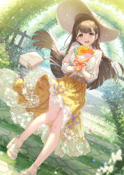 1girl :d bag blue_flower blue_sky bouquet breasts brown_eyes brown_flower brown_hair commentary_request day fence flower handbag highres holding holding_bouquet kamome_yuu long_hair long_sleeves medium_breasts open_mouth original outdoors pink_flower puffy_long_sleeves puffy_sleeves rose sandals see-through_clothes shirt shoulder_bag skirt sky smile solo very_long_hair white_flower white_sandals white_shirt yellow_flower yellow_rose yellow_skirt