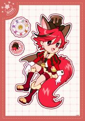 Rule 34 | 1girl, androgynous, animal ear fluff, animal ears, animal shoes, ascot, black choker, boots, border, bow, bow skirt, bright pupils, brooch, brown ascot, brown brooch, brown hair, brown hat, buttons, chocolate, choker, compact (cosmetics), cosmetics, cure chocolat, deformed, diamond earrings, dog ears, dog girl, dog tags, dog tail, dot nose, dotted line, dripping, earrings, eyelashes, fang, food-themed clothes, food print, full body, fur-trimmed boots, fur trim, gloves, grid background, hair between eyes, hand on own leg, happy, hat, heart, heart print, high heel boots, high heels, highres, invisible chair, jacket, jewelry, juliet sleeves, kenjou akira, kirakira precure a la mode, knee boots, knee up, large tail, long sleeves, looking ahead, magical girl, miniskirt, multicolored hair, open clothes, open jacket, open mouth, outline, pink bag, pleated skirt, precure, puffy sleeves, red boots, red border, red bow, red eyes, red hair, red jacket, red shorts, shirt, short hair, shorts, shorts under skirt, signature, sitting, skirt, smile, solo, streaked hair, swept bangs, tail, top hat, two-tone ascot, two-tone bag, two-tone hair, uwded 207, vertical-striped sleeves, waist bag, white background, white gloves, white outline, white pupils, white shirt, white wrist cuffs, wrist cuffs, yellow ascot, yellow bag
