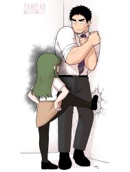 1boy 1girl against_wall anger_vein black_eyes black_hair blush broken_wall business_suit corner crack cracked_wall facial_hair feet_against_wall formal_clothes goatee goatee_stubble green_eyes green_hair height_difference highres igarashi_futaba kabedon medium_hair muscular muscular_male necktie office_lady panqlao pantyhose salaryman scared senpai_ga_uzai_kouhai_no_hanashi shirt short_hair stubble suit takeda_harumi thick_eyebrows trembling