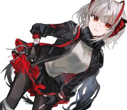 Rule 34 | 1girl, antenna hair, arknights, black gloves, black jacket, black pantyhose, commentary request, contrapposto, cowboy shot, fingerless gloves, fumi (rdbm), gloves, grey hair, grey shirt, hand on own leg, hand on own thigh, highres, jacket, light smile, multicolored hair, open clothes, open jacket, orange eyes, pantyhose, red hair, shirt, short hair, simple background, solo, standing, streaked hair, w (arknights), white background