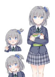 1girl @_@ blue_eyes blue_jacket blue_scrunchie blush bow collared_shirt commentary_request cropped_torso diagonal-striped_bow expressive_hair feet_out_of_frame grey_hair grey_skirt hair_between_eyes hair_ornament hair_scrunchie hands_on_own_face hands_up hugging_object jacket multiple_views one_side_up open_mouth original plaid_clothes plaid_skirt pleated_skirt school_uniform scrunchie shirt simple_background skirt standing sweat wataame27 white_background white_shirt