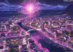 3d aerial_fireworks architecture arsenixc boat bridge cherry_blossoms cherry_tree city_lights cloud commentary commentary_request copyright_name copyright_notice east_asian_architecture english_commentary fireworks fog forest from_above highres hill lamppost mixed-language_commentary nature night night_sky nikki_(series) official_art people reflection reflective_water river road scenery shining_nikki sky star_(sky) starry_sky town tree wagon water watercraft