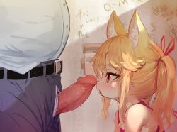 1boy 1girl absurdres animal_ear_fluff animal_ears belt blue_pants body_fur decensored erection fox_ears furry furry_female furry_with_non-furry hetero highres huge_filesize imminent_fellatio interspecies loli lolo_(kemonono) long_hair open_mouth original pants penis profile red_eyes ribbon shirt solo_focus third-party_edit twintails white_shirt