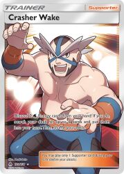 Rule 34 | 1boy, artist name, blue pants, character name, company name, copyright name, copyright notice, crasher wake, creatures (company), english text, game freak, male focus, muscular, muscular male, nintendo, official art, open mouth, pants, pokemon, pokemon card, pokemon dppt, pokemon tcg, saitou naoki, solo, teeth, third-party source, topless male, trading card, wrestling mask