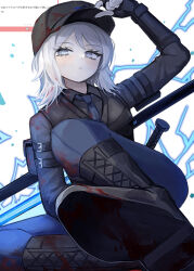 black_boots black_gloves black_shirt black_vest blood blood_on_clothes blue_necktie blue_pants boots closed_mouth collared_shirt eyelashes faust_(project_moon) fingerless_gloves from_below gloves hand_on_headwear hat highres lace-up_boots light_blush lightning limbus_company looking_at_viewer marshmallow_(site) necktie pants project_moon ro/ku serious shirt short_hair simple_background solo translation_request vest w_corp._(identity)_(project_moon) weapon weapon_on_back white_background white_eyes white_hair