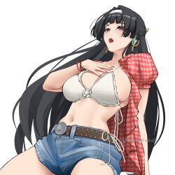 1girl absurdres astra_yao belt black_hair bra bracelet breasts brown_belt commentary cosplay cowboy_shot denim denim_shorts earrings english_commentary hairband hand_on_own_chest highres jewelry kwon_eun-bi kwon_eun-bi_(cosplay) large_breasts long_hair micro_shorts nail_polish navel obosounds open_clothes open_mouth open_shirt pink_nails plaid_clothes plaid_shirt red_eyes red_shirt shirt short_sleeves shorts simple_background solo twitter_username underwear white_background white_bra white_hairband zenless_zone_zero