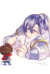 1boy blue_eyes blue_hair cellphone dated figure funko_pop hair_between_eyes highres leo_tail long_hair looking_at_phone lying male_focus on_stomach phone ponytail smartphone smile solo strider_(video_game) strider_hien strider_hiryuu taking_picture twitter_username