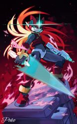 Rule 34 | 1boy, armor, artist name, black eyes, blonde hair, derivative work, dual wielding, energy sword, forehead jewel, gun, helmet, highres, holding, holding gun, holding sword, holding weapon, long hair, male focus, mega man (series), mega man zero (series), poko589, purple nails, red armor, red helmet, signature, solo, standing, sword, weapon, z saber, zero(z) (mega man), zero (mega man)