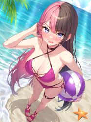 1girl absurdres adjusting_hair ball bare_shoulders beach beachball bikini black_choker blue_sky blush breasts brown_hair brown_nails choker cleavage cloud cloudy_sky collarbone criss-cross_halter day fingernails halterneck heart heart_o-ring highres holding holding_ball holding_beachball large_breasts long_hair looking_at_viewer multicolored_hair nail_polish o-ring o-ring_thigh_strap ocean open_mouth outdoors palm_tree pink_bikini pink_hair pink_sandals purple_eyes sand sandals sky solo split-color_hair starfish sunamama4788 sweat swimsuit tachibana_hinano thigh_strap thighs tree two-tone_hair virtual_youtuber vspo! water
