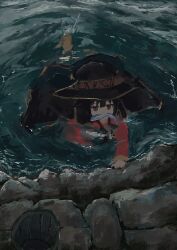1girl absurdres afloat bandaged_leg bandages cape dress fish fish_in_mouth from_above hat highres in_water kono_subarashii_sekai_ni_shukufuku_wo! koukouya leaning_forward looking_at_viewer megumin ocean outdoors partially_submerged red_dress red_eyes ripples rock shore short_hair_with_long_locks splashing swimming water witch_hat