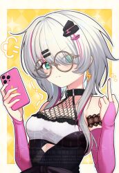 1girl aqua_eyes argyle_background bare_shoulders belt_collar breasts cellphone closed_mouth collar earrings fishnet_top fishnets fur31mu glasses grey_hair hair_ornament highres jewelry lace lace-trimmed_shirt lace_trim lightning_bolt lightning_bolt_earrings lightning_bolt_hair_ornament lightning_bolt_symbol long_hair looking_at_viewer middle_finger multicolored_hair phase_connect phone pink_hair pink_nails pout rinkou_ashelia rinkou_ashelia_(lia_2.0) shirt smartphone solo streaked_hair upper_body virtual_youtuber yellow-framed_eyewear