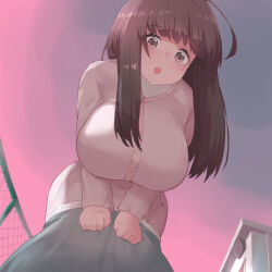 1girl :o blush breasts brown_eyes brown_hair clothes female_focus huge_breasts long_hair looking_at_viewer open_mouth original pt solo