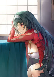 1girl absurdres astra_yao black_hair bracelet breasts cleavage cropped_jacket dress earrings hair_ornament hairband highres izumi_kei jacket jewelry large_breasts long_hair long_sleeves looking_at_viewer pendant red_eyes red_jacket smile solo thighs white_dress window zenless_zone_zero