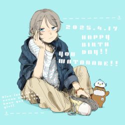 524ryo bird blue_background blue_eyes blush brown_hair closed_eyes closed_mouth jacket love_live! love_live!_sunshine!! seagull shoes short_hair simple_background sitting smile smirk sneakers uchicchii watanabe_you