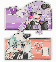 2girls black_jacket closed_mouth cross_tie grey_eyes hair_ornament hand_up highres holding holding_poke_ball jacket kizuna_akari long_hair long_sleeves looking_at_viewer multiple_girls nintendo okashira_moppu one_eye_closed open_clothes open_jacket open_mouth outside_border poke_ball pokemon purple_eyes purple_hair upper_body vocaloid voiceroid white_hair yuzuki_yukari