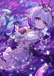 1girl absurdres afloat asymmetrical_gloves black_tiara breasts castorice_(honkai:_star_rail) commentary dress elbow_gloves english_commentary flower flower_ornament gloves hair_flower hair_ornament highres honkai:_star_rail honkai_(series) large_breasts long_hair looking_at_viewer mogu_kinoko pointy_ears purple_eyes purple_gloves purple_hair smile solo tiara uneven_gloves white_dress