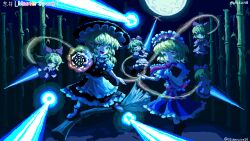 02charaice20 2girls absurdres aiming aiming_at_viewer alice_margatroid apron bamboo bamboo_forest black_footwear black_hat black_skirt black_vest blonde_hair blue_skirt book broom broom_riding broom_surfing buttons closed_mouth collar commentary_request forest frilled_collar frilled_hairband frilled_hat frilled_ribbon frilled_skirt frilled_sleeves frills full_moon green_eyes hairband hat highres holding holding_book imperishable_night kirisame_marisa laser looking_at_viewer master_spark mini-hakkero moon multiple_girls nature night one_eye_closed open_mouth outstretched_arm pink_hairband pixel_art puffy_short_sleeves puffy_sleeves rainbow_order red_ribbon ribbon shanghai_doll shirt short_sleeves skirt smile spell_card string touhou twitter_username vest white_apron white_shirt witch_hat