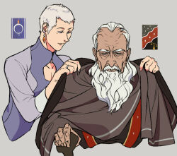 2boys androgynous armored_core armored_core_vi:_fires_of_rubicon beard blanket brown_cape cane cape cleavage_cutout clothing_cutout cropped_torso earrings facial_hair feather_earrings feathers grey_background holding holding_cane jewelry logo long_beard male_focus mole mole_under_eye multiple_boys mustache old old_man pectoral_cleavage pectorals personification purple_shirt refus ring ring_freddie_(armored_core_vi) shirt short_hair simple_background tan thumb_dolmayan_(armored_core_vi) white_beard white_hair