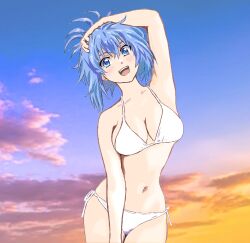 1girl :d arm_up bikini blue_eyes blue_hair blue_sky breasts cleavage commentary cowboy_shot gradient_sky hair_between_eyes hand_on_own_head highres kampfer legs_together light_blue_hair medium_breasts mizumori_keiichi multicolored_sky navel open_mouth outdoors pink_sky senou_natsuru short_hair side-tie_bikini_bottom sky smile solo standing swimsuit teeth twilight upper_teeth_only white_bikini yellow_sky