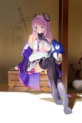 1girl alternate_costume bare_shoulders black_skirt black_thighhighs blue_eyes braid braided_bangs breasts citlali_(genshin_impact) clothing_cutout crop_top facial_mark floating_headgear full_body genshin_impact headgear highres itzpapa_(genshin_impact) jingtailan long_hair looking_at_viewer nail_polish no_shoes off_shoulder ofuda pink_hair plant potted_plant purple_nails sitting skirt thighhighs underboob underboob_cutout