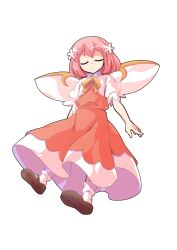 1girl brown_shoes closed_eyes closed_mouth collared_shirt commentary_request commission dairi daiyousei_mob_(touhou) dress facing_viewer fairy fairy_wings full_body highres large_variant_set neck_ribbon pink_hair red_dress ribbon shirt shoes short_hair short_sleeves skeb_commission socks solo tachi-e touhou touhou_sangetsusei transparent_background v-shaped_eyebrows variant_set white_shirt white_socks wings yellow_ribbon