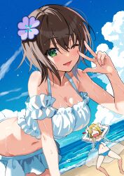 Rule 34 | 2girls, absurdres, aoi erika, aoi momo, beach, flower, flower on head, green eyes, heaven burns red, highres, minase ichigo, multiple girls, skirt, sky, swimsuit, tacet mark (wuthering waves), v, water
