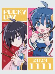1boy 1girl :d absurdres ahoge black_hair blue_hair blush_stickers cape closed_mouth crescent crescent_hair_ornament crossover dated food hair_ornament highres leon_magnus looking_at_viewer open_mouth pocky pocky_day pointy_ears rena_lanford short_hair smile star_ocean star_ocean_anamnesis star_ocean_the_second_story suuu178 tales_of_(series) tales_of_destiny tales_of_the_rays